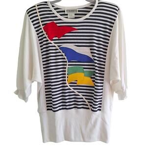 Vintage Peter Popovitch Navy Blue Stripe 3/4 Sleeve Colorful Flag Clown Top